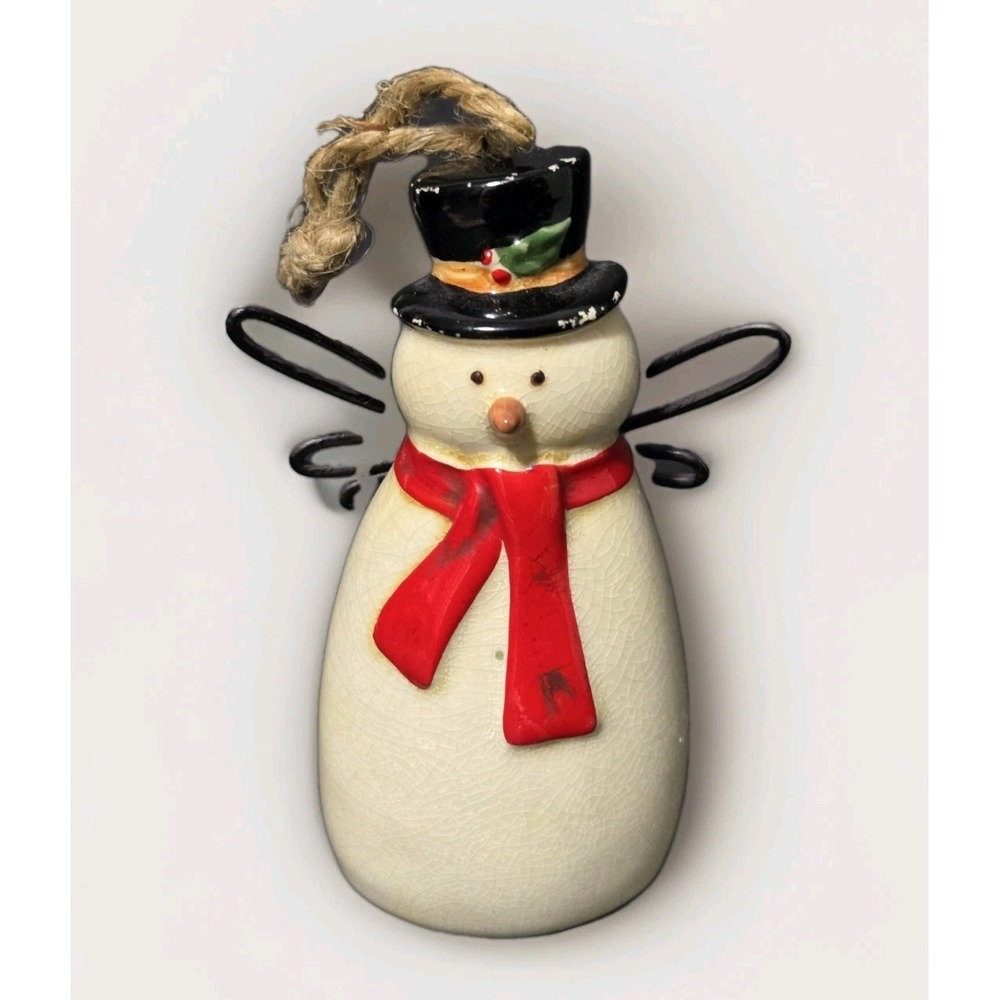 RUSS Snowman Angel Christmas Tree Ornament Ceramic 4 1/2" Holiday Collectible